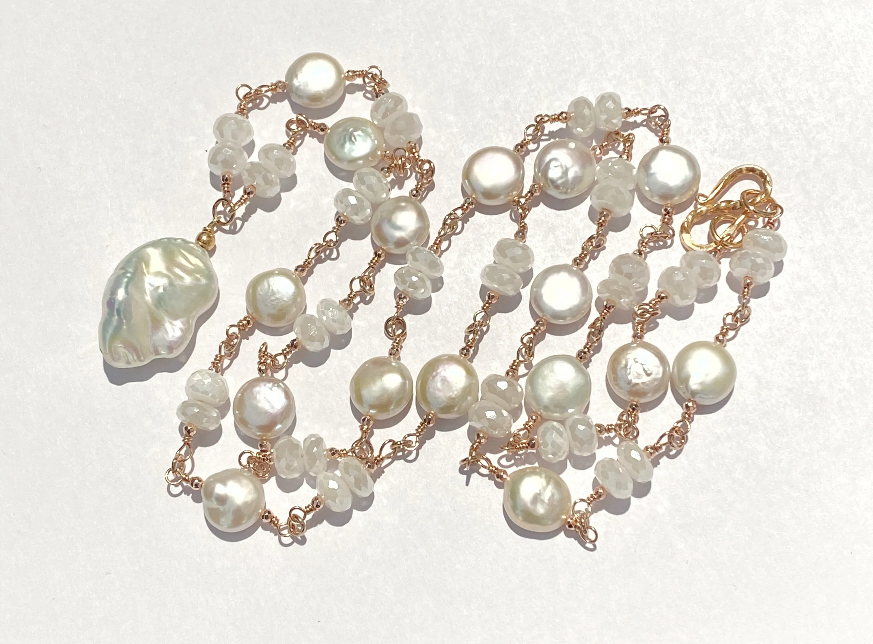 Rose Gold Ivory Baroque Pearl Mystic Moonstone Long Sautoir Rosary Necklace
