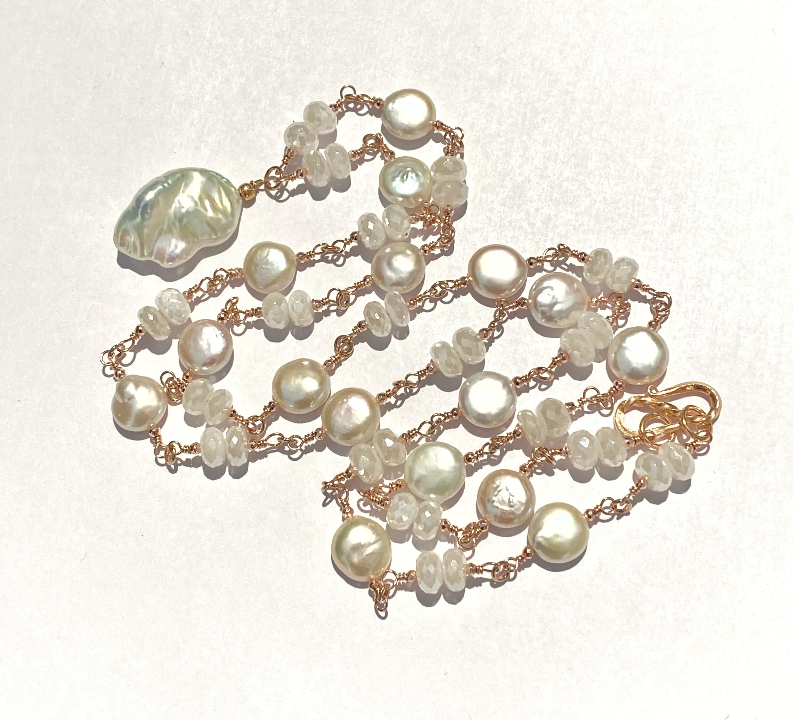 Rose Gold Ivory Baroque Pearl Mystic Moonstone Long Sautoir Rosary Necklace