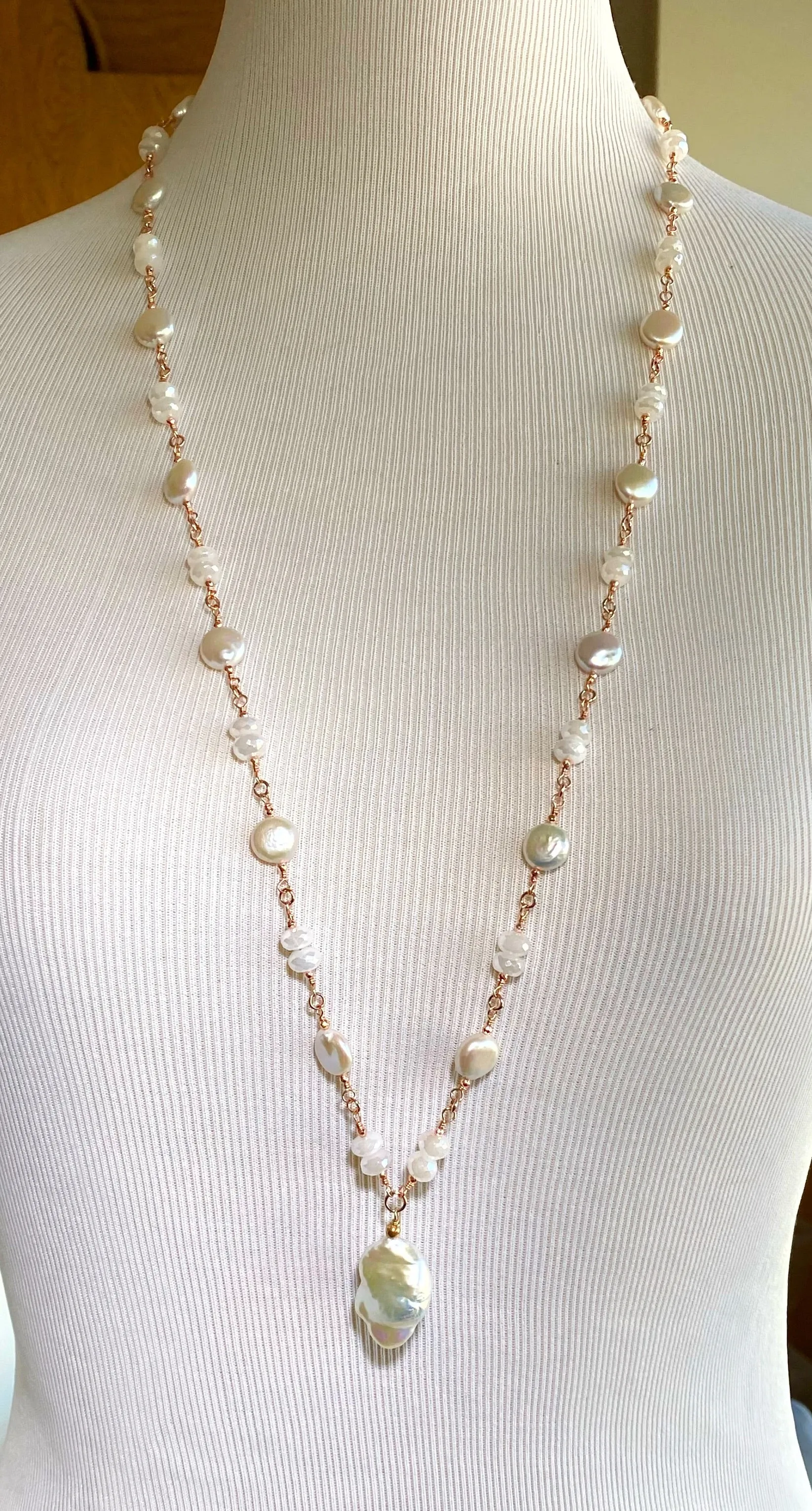 Rose Gold Ivory Baroque Pearl Mystic Moonstone Long Sautoir Rosary Necklace