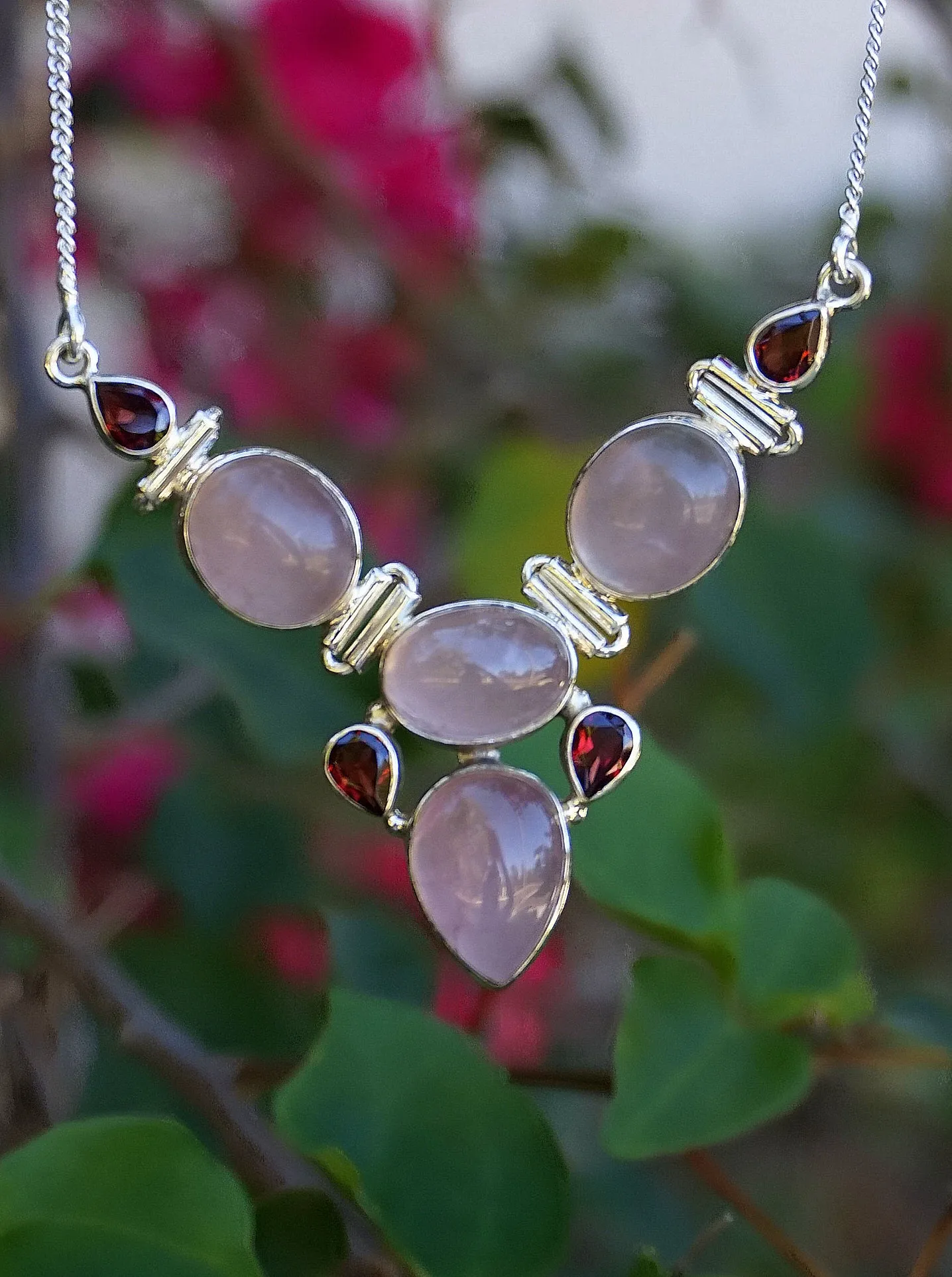 Rose Quartz and Garnet Hinged Necklace 1