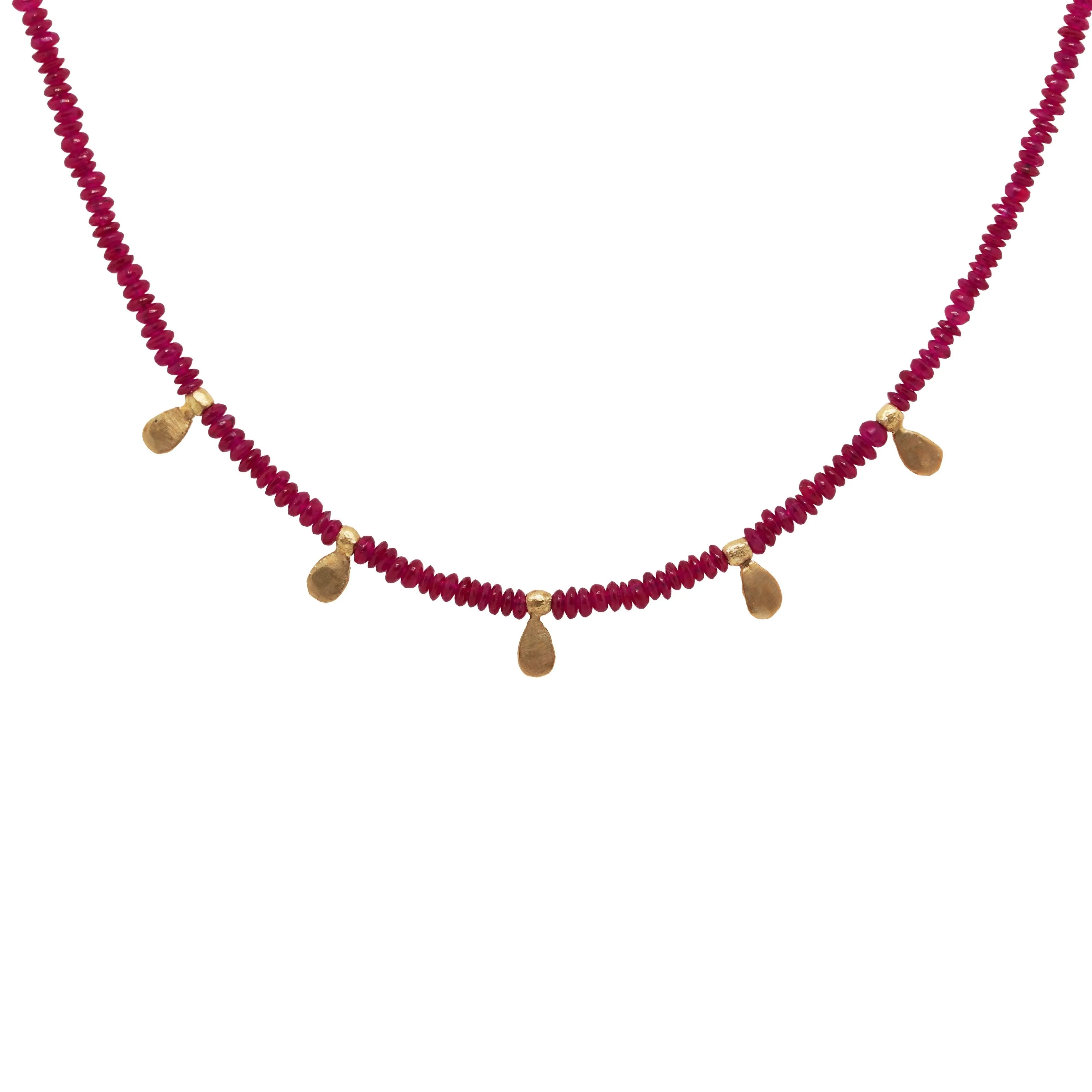 Ruby Beaded Necklace with 22K Yellow Gold Flakes