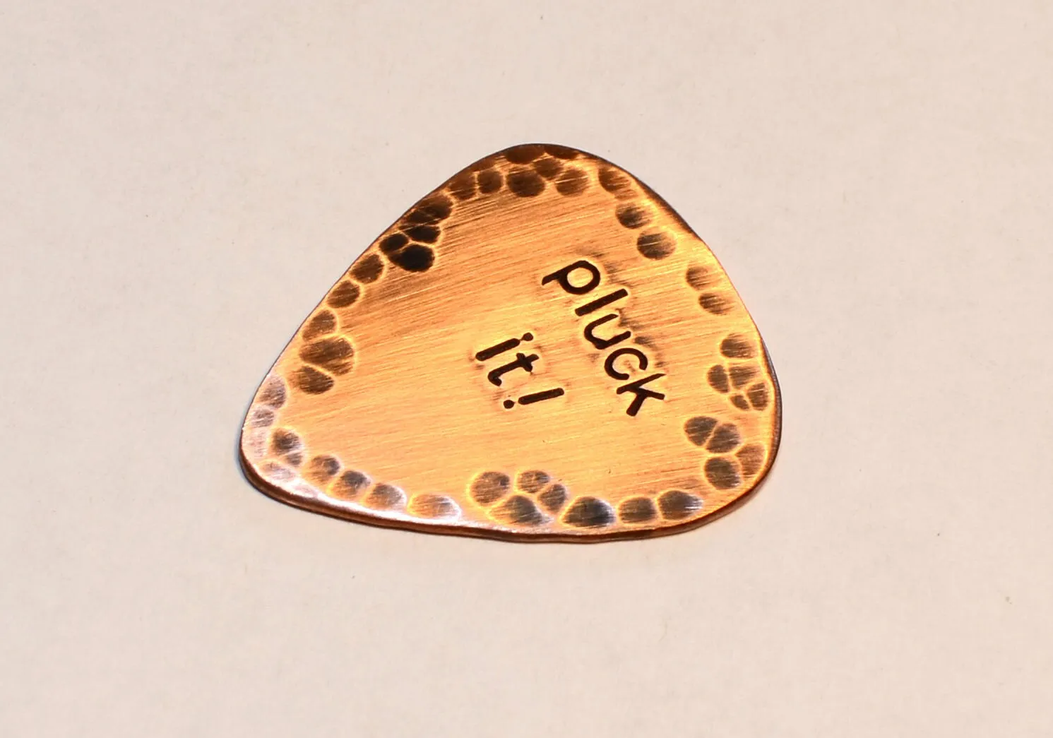 Rustic Pluck It Copper Guitar Pick with Patina and Hammered Finish