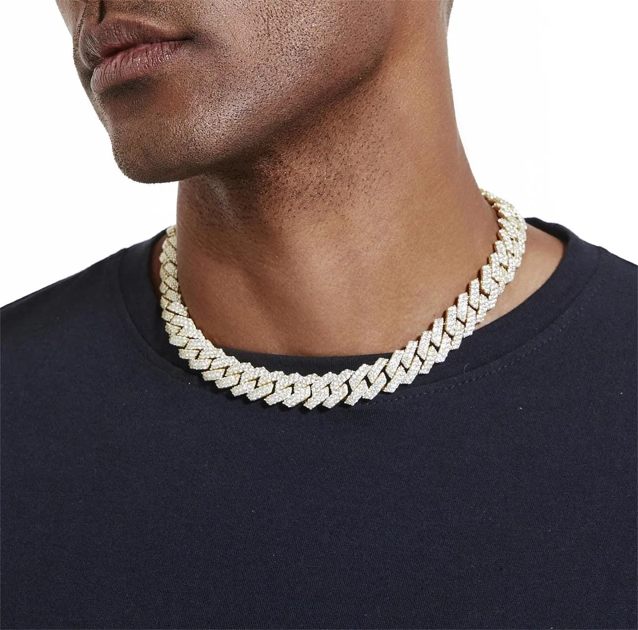 S925 Moissanite Diamond Prong Cuban Link Chain in 14K Gold - 15mm