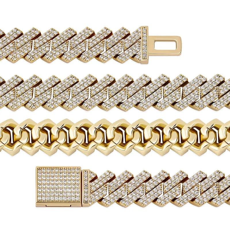 S925 Moissanite Diamond Prong Cuban Link Chain in 14K Gold - 15mm