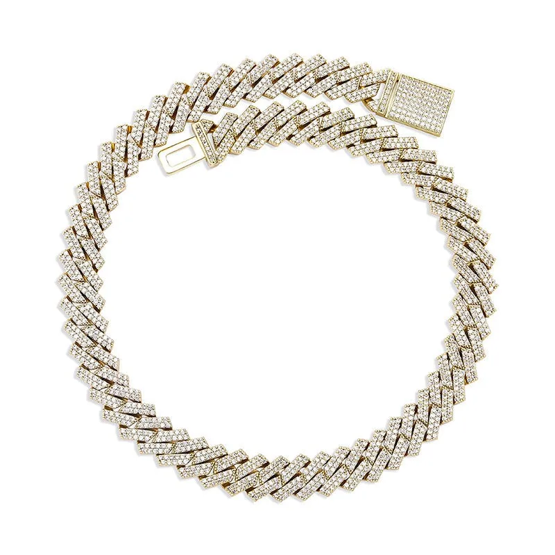 S925 Moissanite Diamond Prong Cuban Link Chain in 14K Gold - 15mm