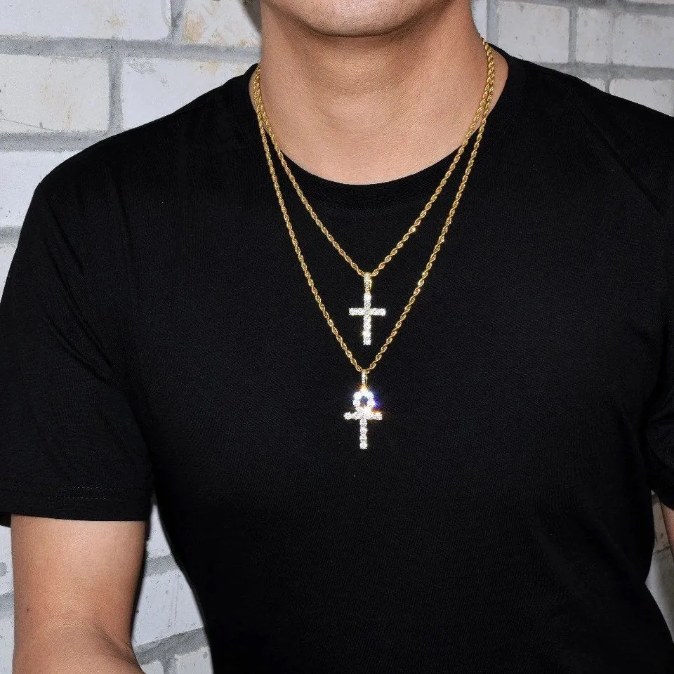 SALE ankh necklace 2 piece set,Iced Zircon Ankh Cross Necklace Set Gold Silver Bling CZ Key To Life Egypt Cross Necklace Hip Hop Jewelry