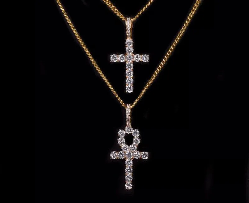 SALE ankh necklace 2 piece set,Iced Zircon Ankh Cross Necklace Set Gold Silver Bling CZ Key To Life Egypt Cross Necklace Hip Hop Jewelry