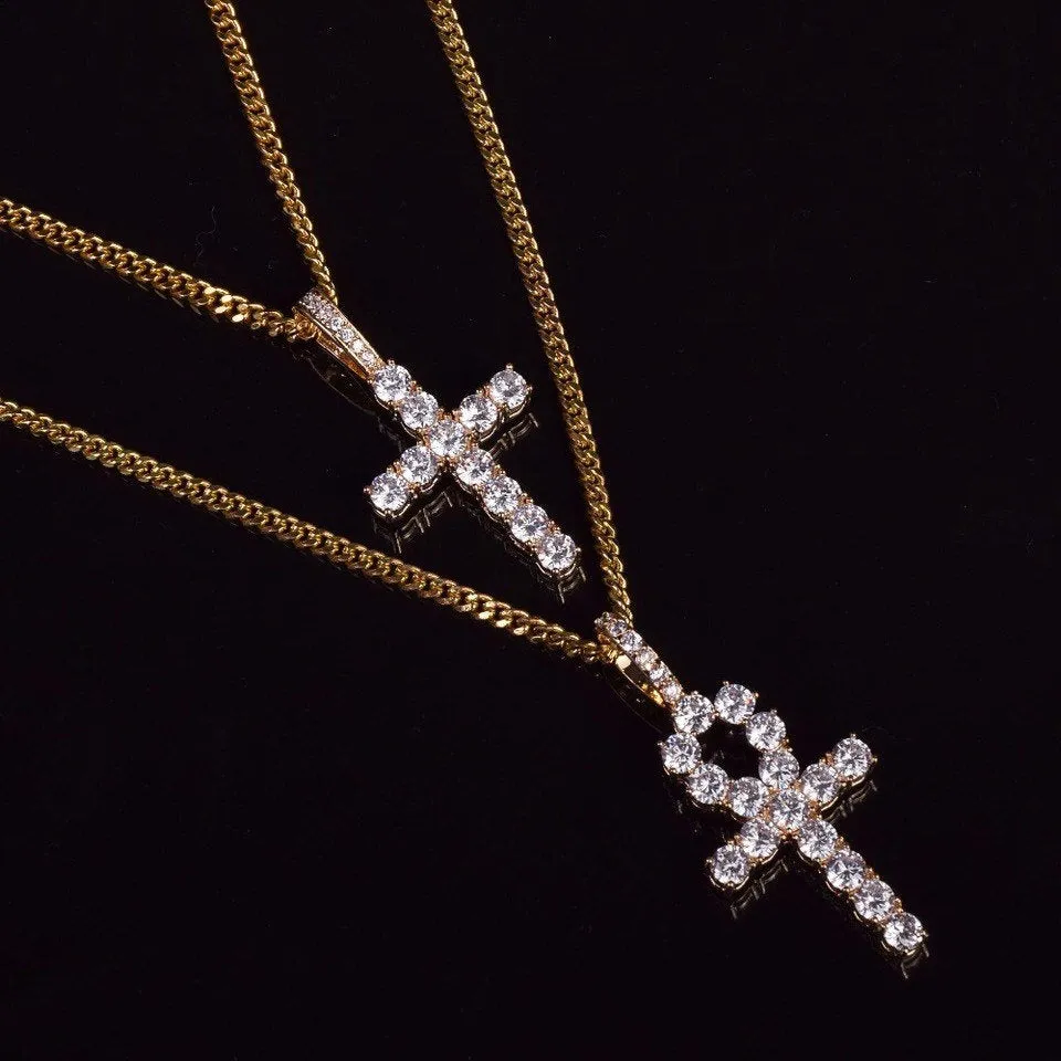 SALE ankh necklace 2 piece set,Iced Zircon Ankh Cross Necklace Set Gold Silver Bling CZ Key To Life Egypt Cross Necklace Hip Hop Jewelry