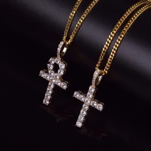 SALE ankh necklace 2 piece set,Iced Zircon Ankh Cross Necklace Set Gold Silver Bling CZ Key To Life Egypt Cross Necklace Hip Hop Jewelry