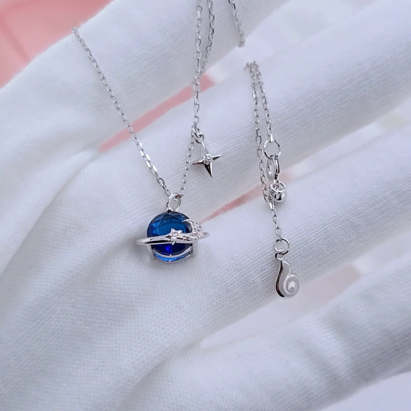 Saturn and Star Pendant with Diamond Necklace