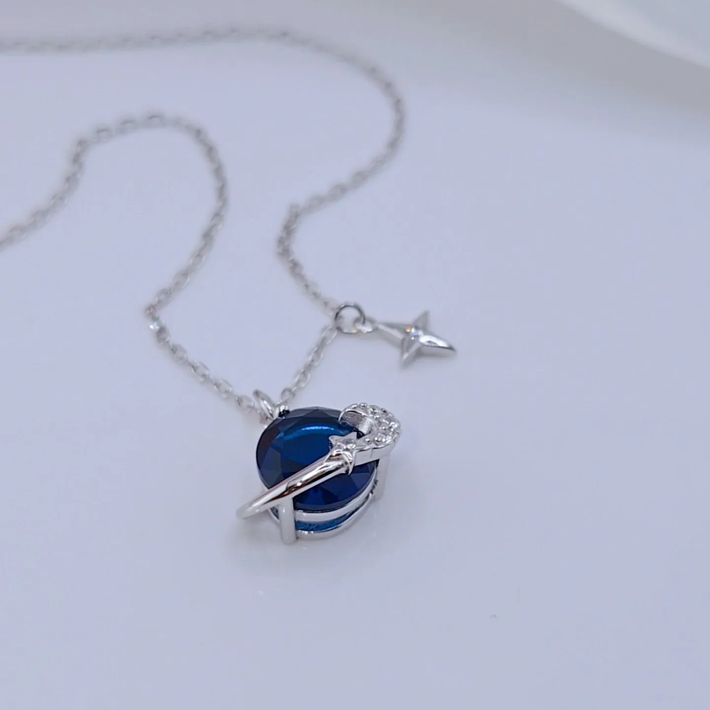 Saturn and Star Pendant with Diamond Necklace