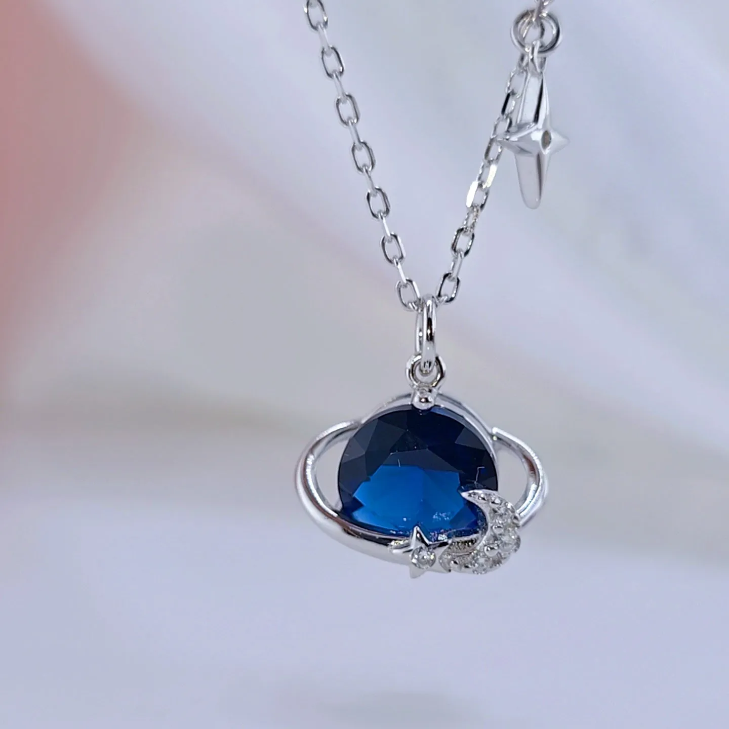 Saturn and Star Pendant with Diamond Necklace