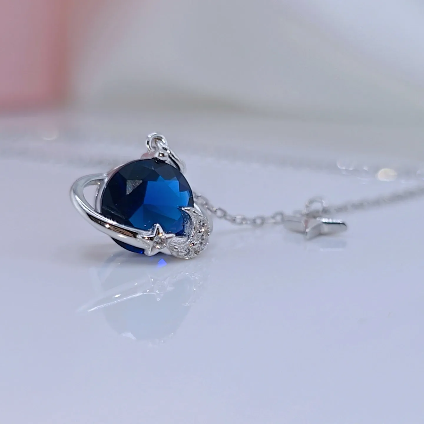Saturn and Star Pendant with Diamond Necklace