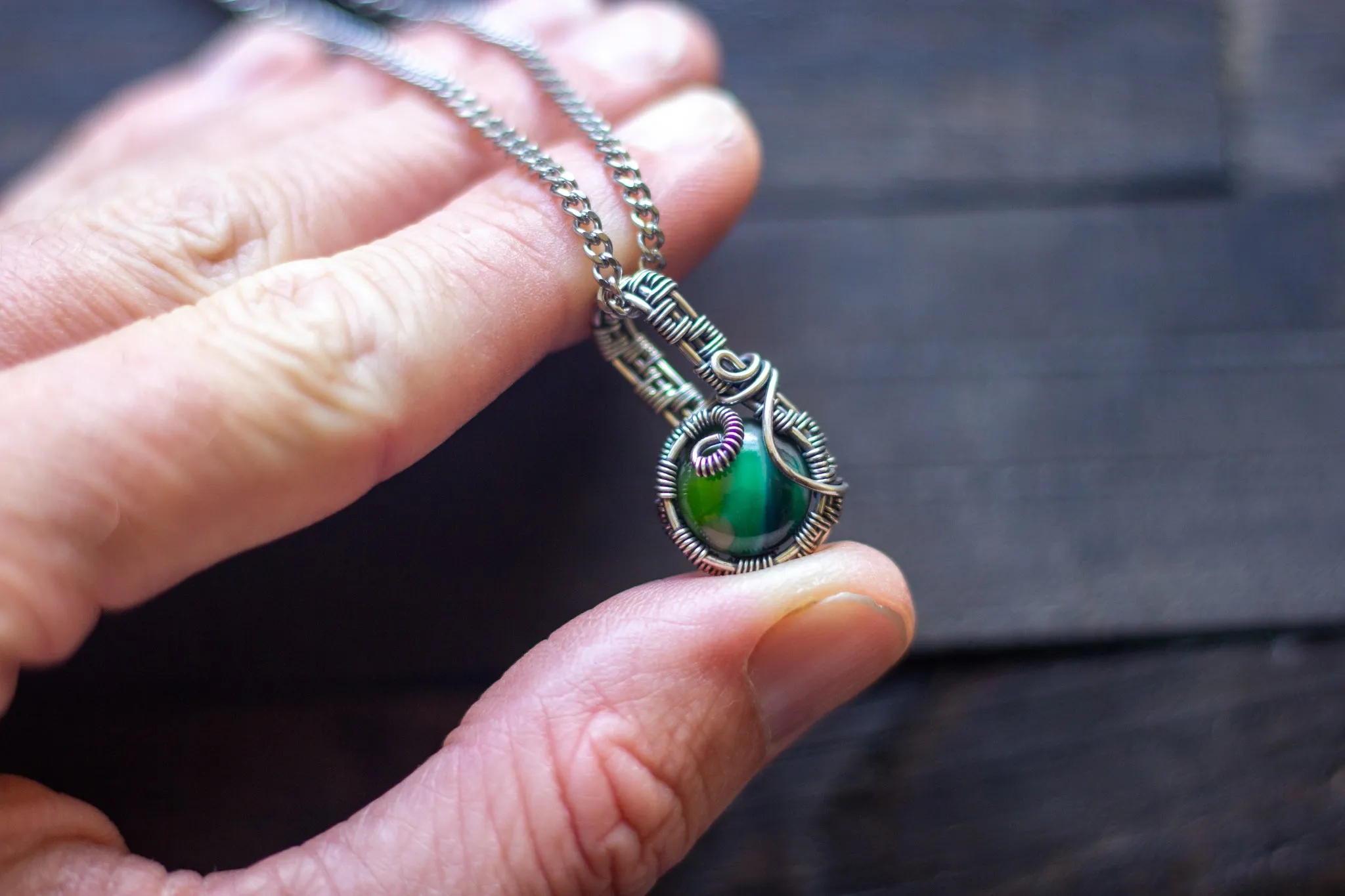 Shades of Green Fused Glass and Sterling Silver Mini Pendant