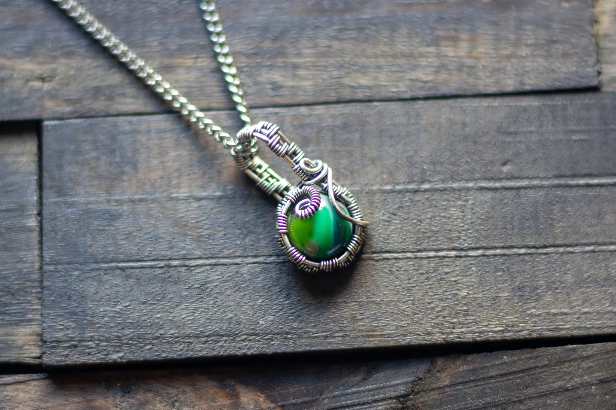 Shades of Green Fused Glass and Sterling Silver Mini Pendant