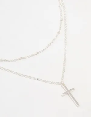 Silver Ball Chain Cross Layered Necklace