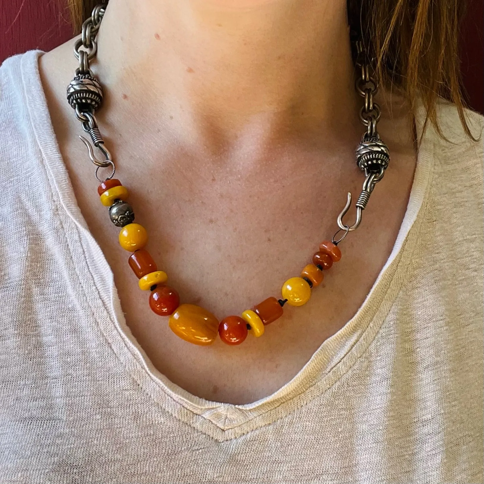 Silver Choker with Amber & Carnelian Beads by Ancient Influences