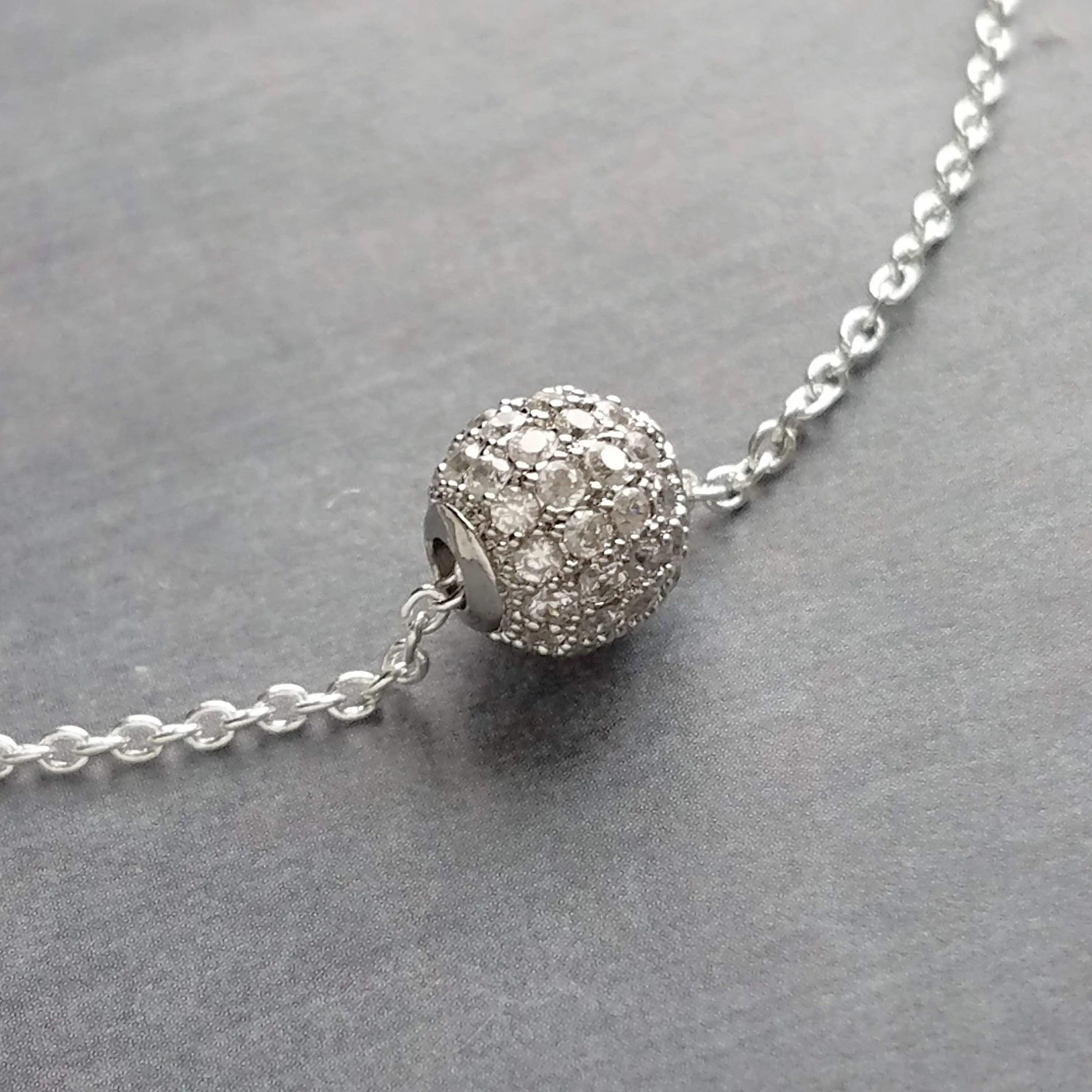 Silver Crystal Ball Necklace - round CZ pendant, faux diamond pave bead, thin chain, 8mm ball pendant, slider pendant, cubic zirconia charm