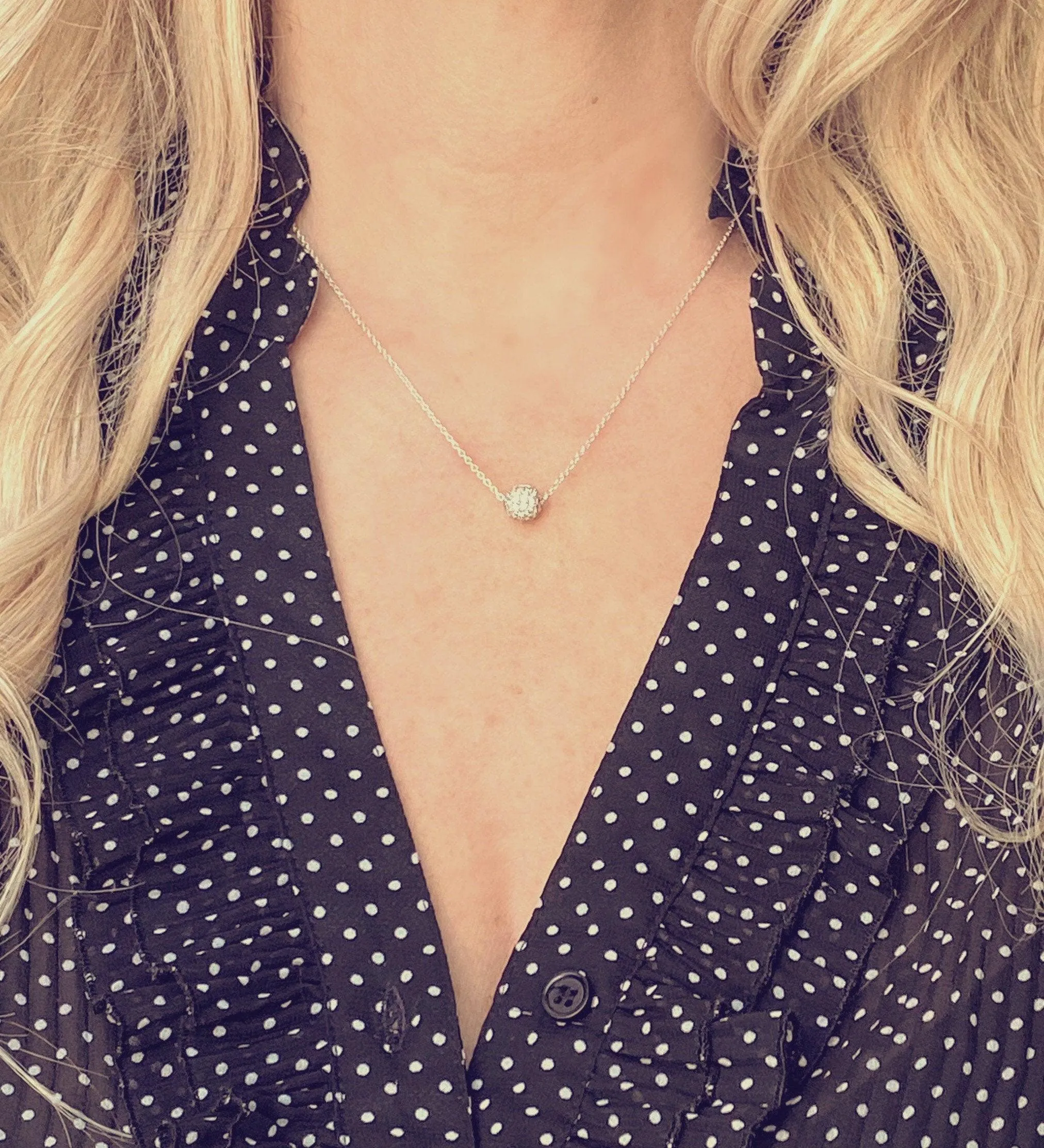 Silver Crystal Ball Necklace - round CZ pendant, faux diamond pave bead, thin chain, 8mm ball pendant, slider pendant, cubic zirconia charm