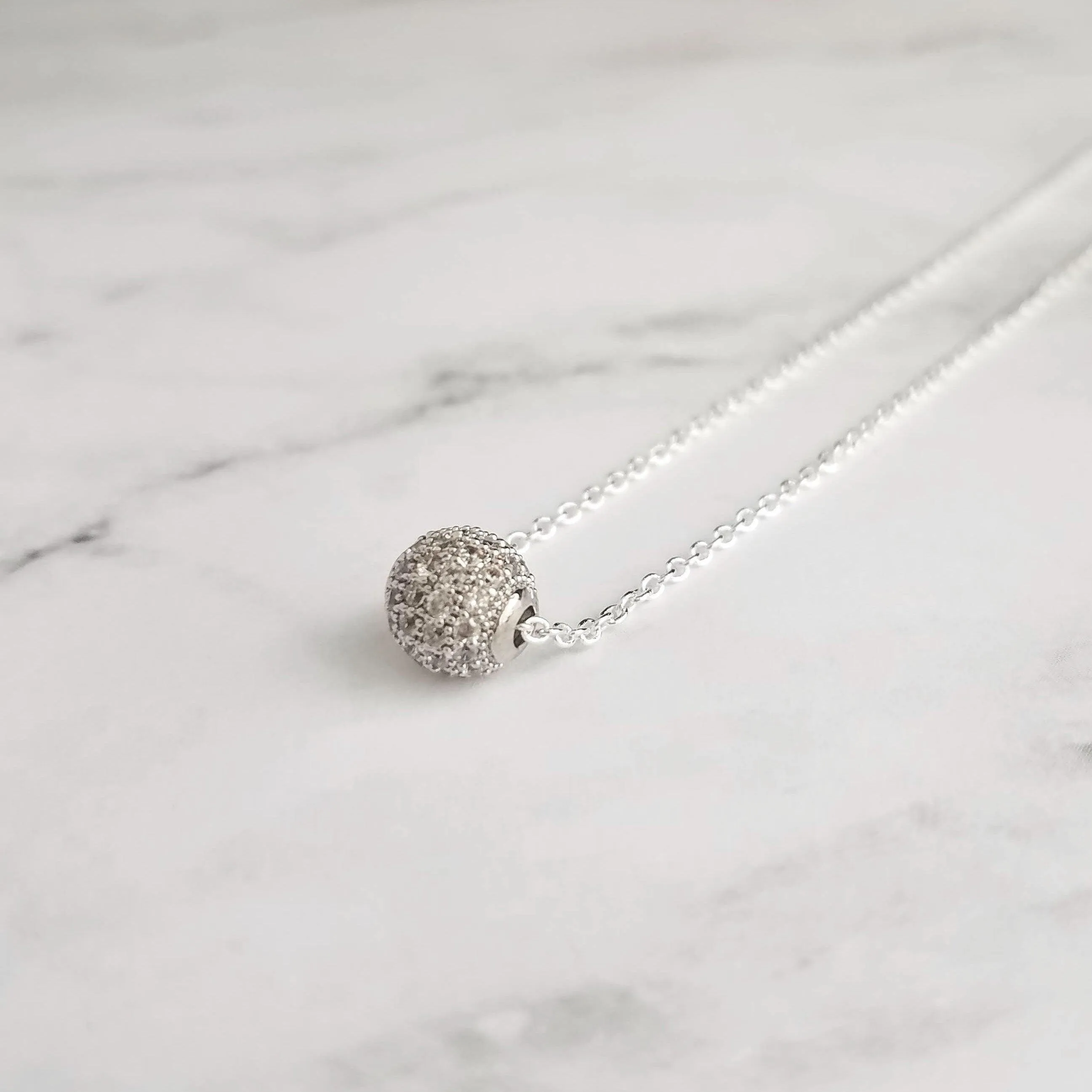 Silver Crystal Ball Necklace - round CZ pendant, faux diamond pave bead, thin chain, 8mm ball pendant, slider pendant, cubic zirconia charm