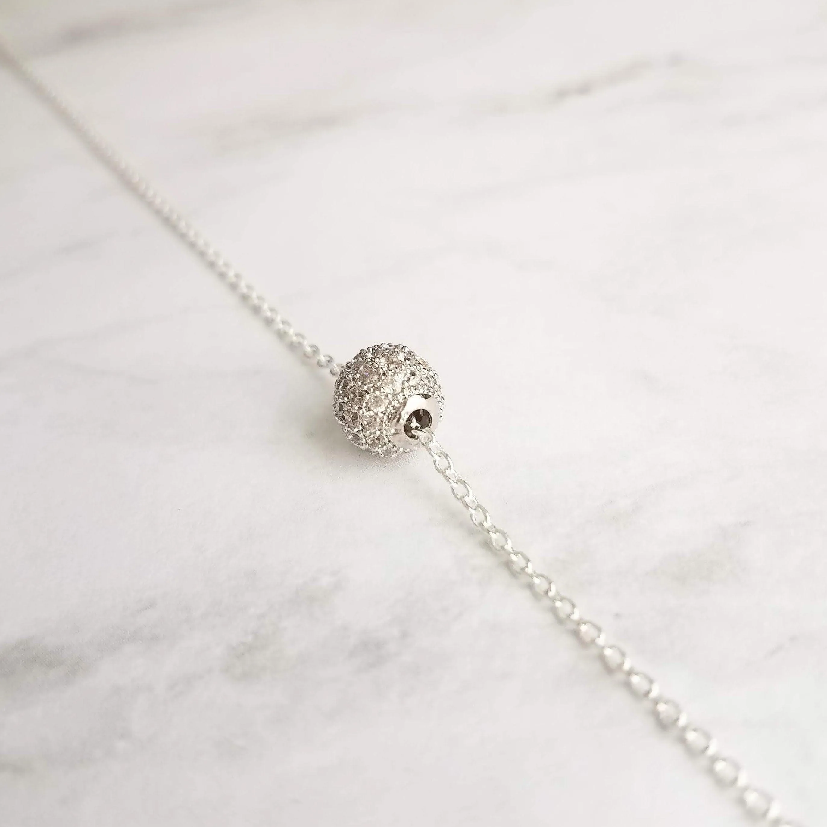 Silver Crystal Ball Necklace - round CZ pendant, faux diamond pave bead, thin chain, 8mm ball pendant, slider pendant, cubic zirconia charm