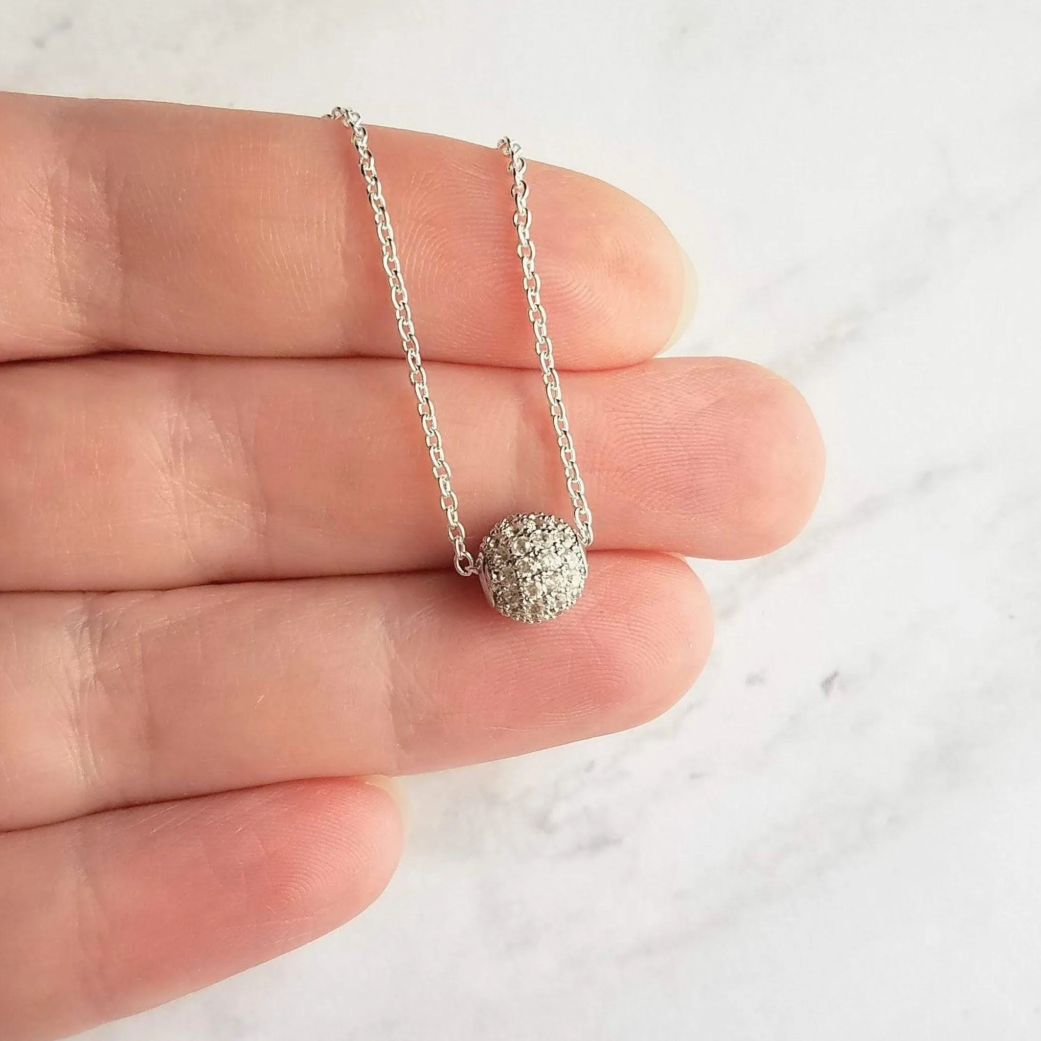Silver Crystal Ball Necklace - round CZ pendant, faux diamond pave bead, thin chain, 8mm ball pendant, slider pendant, cubic zirconia charm