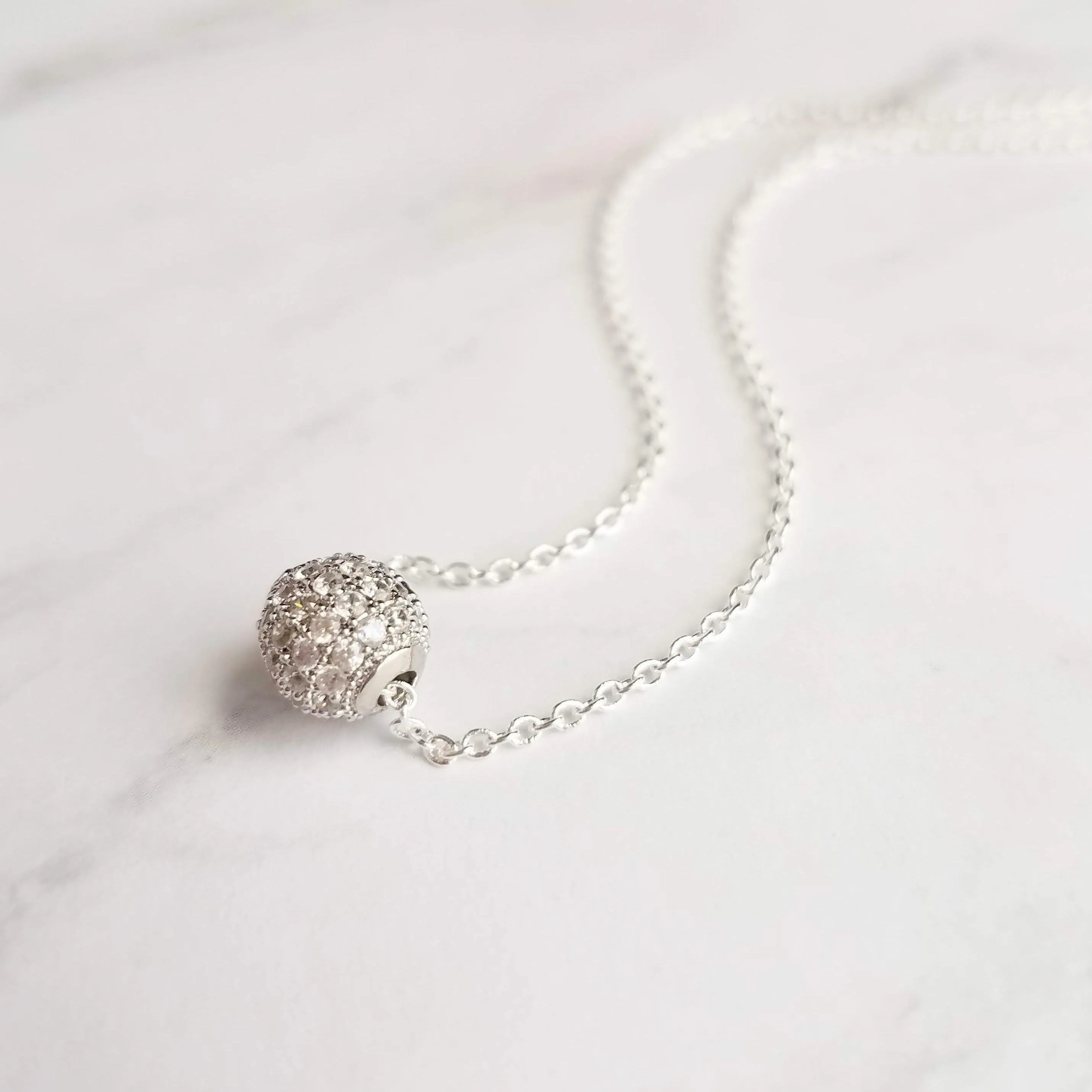 Silver Crystal Ball Necklace - round CZ pendant, faux diamond pave bead, thin chain, 8mm ball pendant, slider pendant, cubic zirconia charm