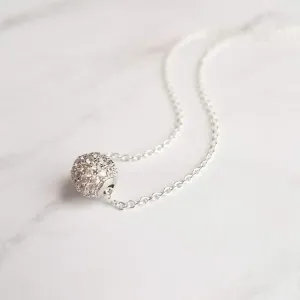 Silver Crystal Ball Necklace - round CZ pendant, faux diamond pave bead, thin chain, 8mm ball pendant, slider pendant, cubic zirconia charm