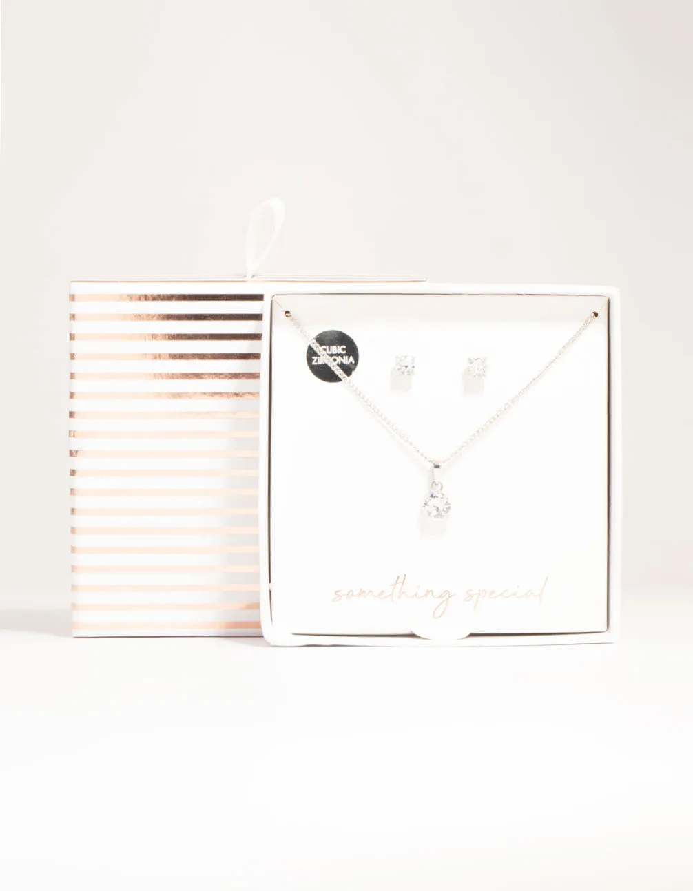 Silver Cubic Zirconia Solitaire Necklace & Stud Earrings Set