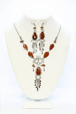 Silver Necklace and Earring Set with Red Stones