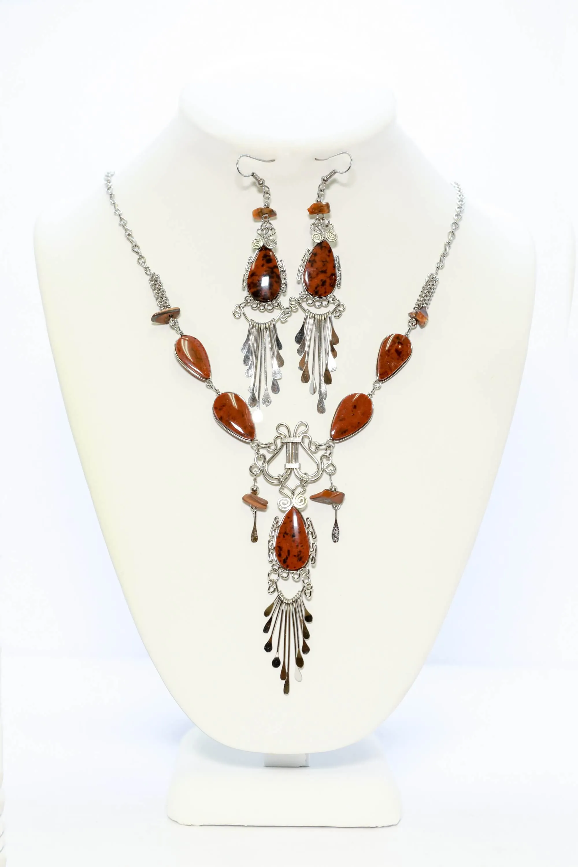 Silver Necklace and Earring Set with Red Stones