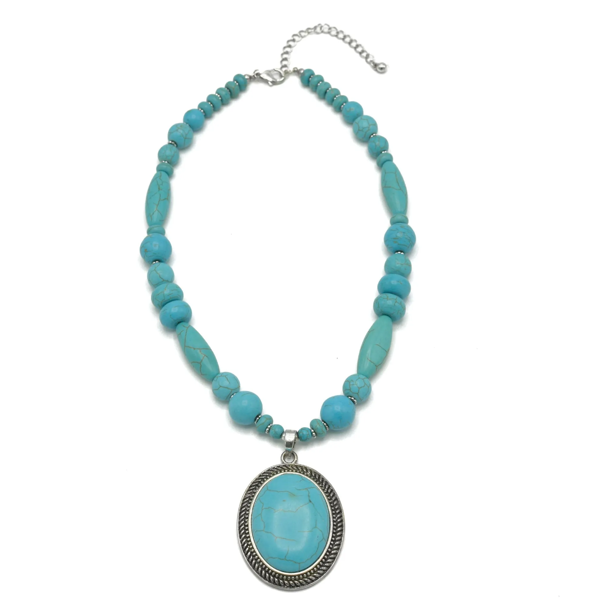 SILVER  OX TURQUOISE OVAL SHAPE PENDANT NECKLACE  #HNN78371_SIL-OX_TRQ (OD14)
