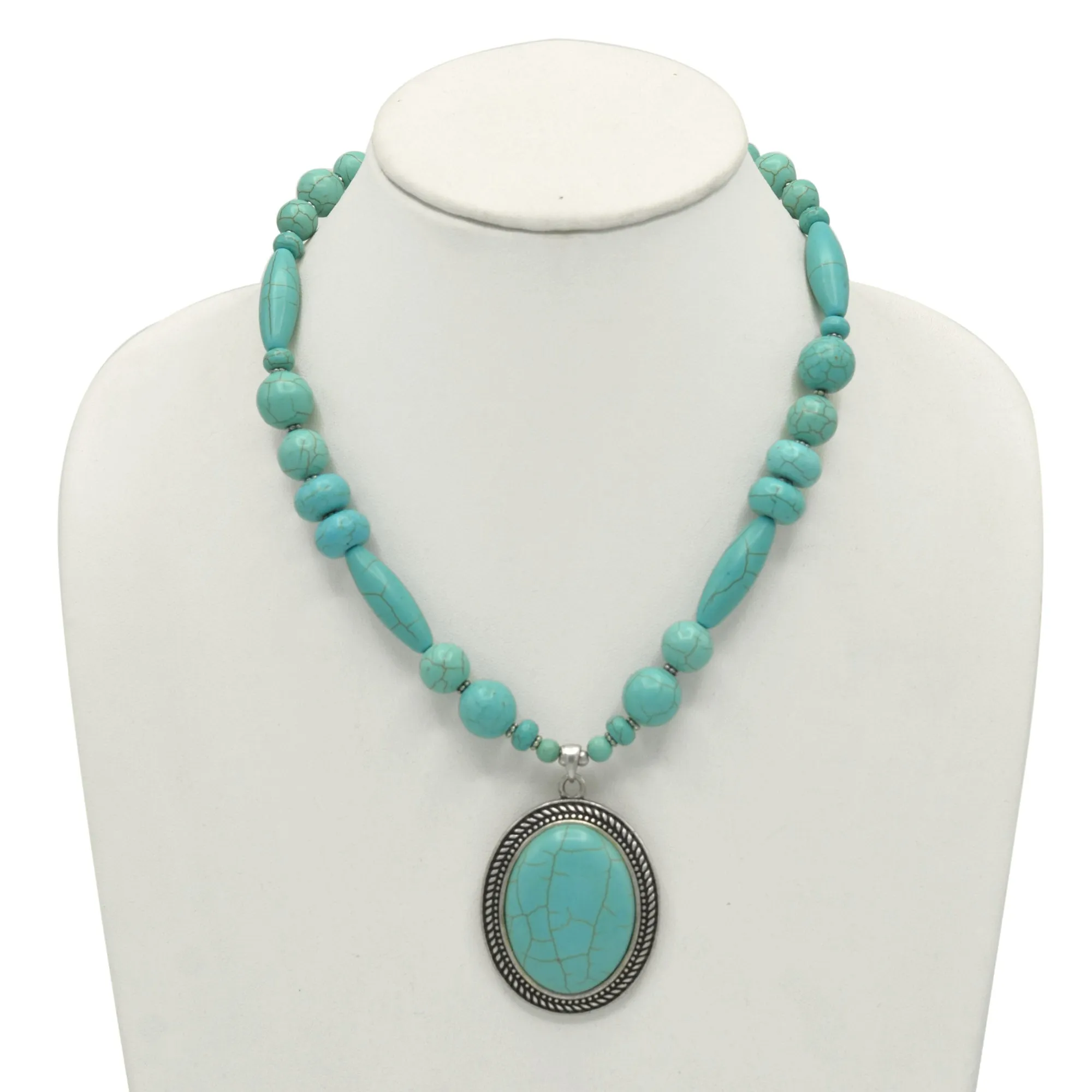 SILVER  OX TURQUOISE OVAL SHAPE PENDANT NECKLACE  #HNN78371_SIL-OX_TRQ (OD14)