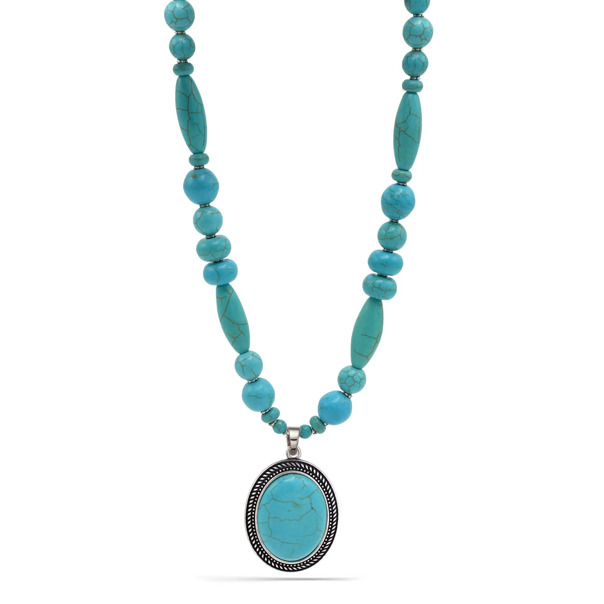 SILVER  OX TURQUOISE OVAL SHAPE PENDANT NECKLACE  #HNN78371_SIL-OX_TRQ (OD14)