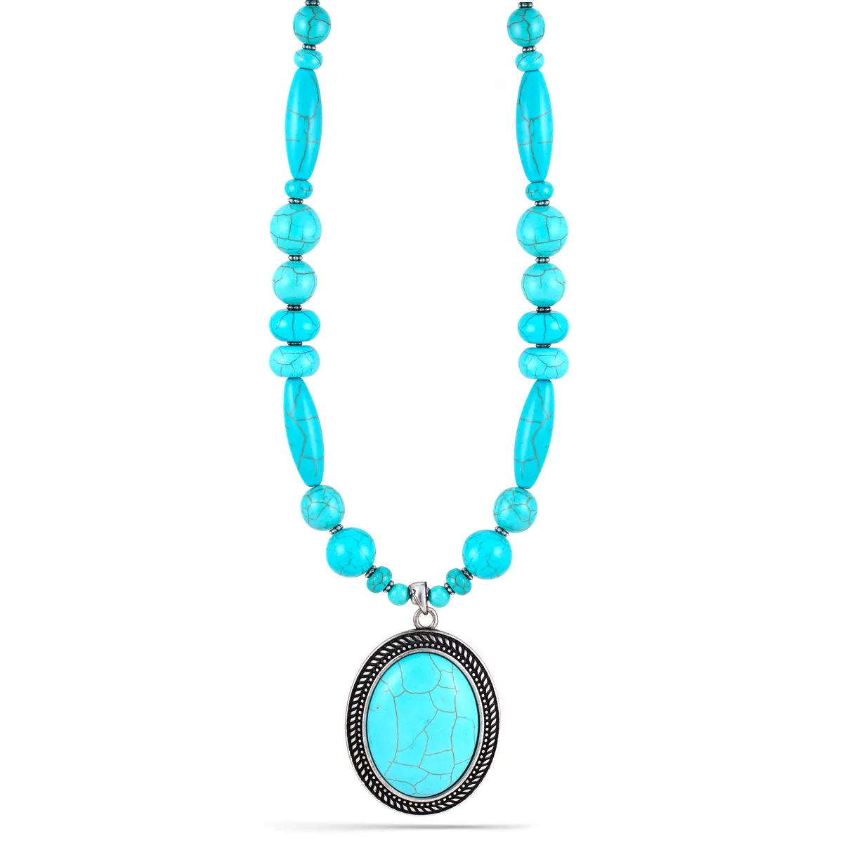 SILVER  OX TURQUOISE OVAL SHAPE PENDANT NECKLACE  #HNN78371_SIL-OX_TRQ (OD14)