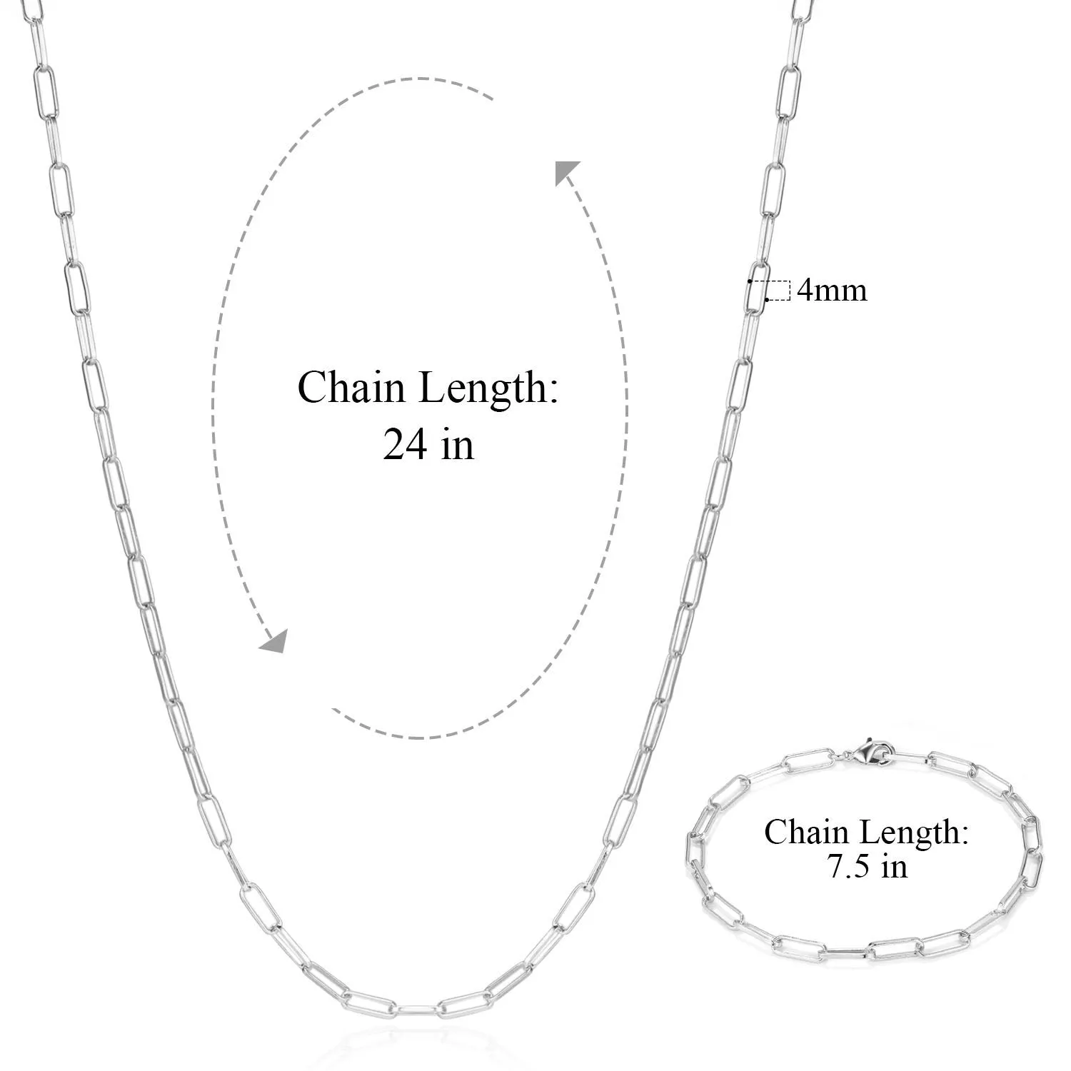 Silver Paperclip Chain Necklace & Bracelet Set