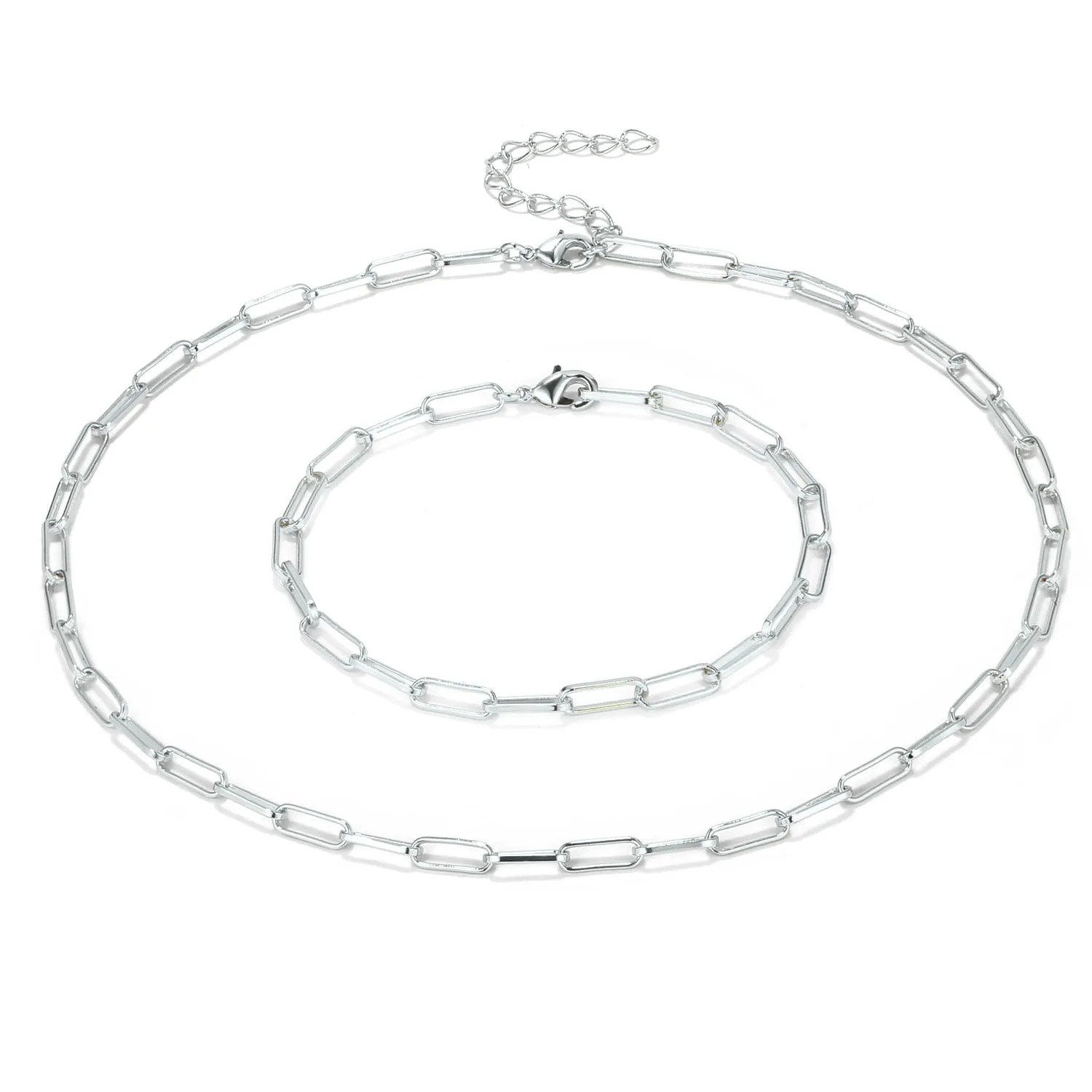 Silver Paperclip Chain Necklace & Bracelet Set