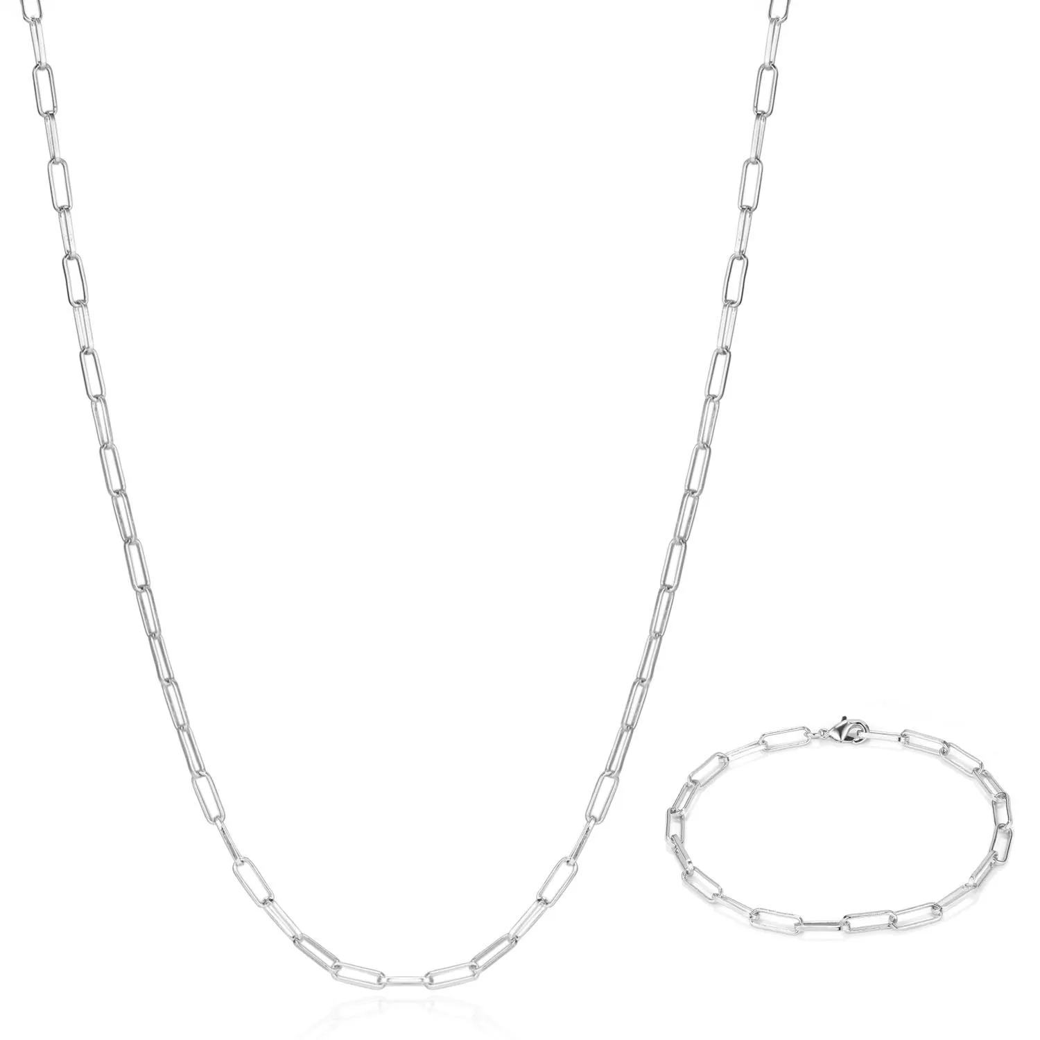 Silver Paperclip Chain Necklace & Bracelet Set