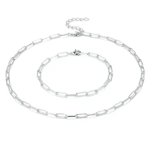 Silver Paperclip Chain Necklace & Bracelet Set