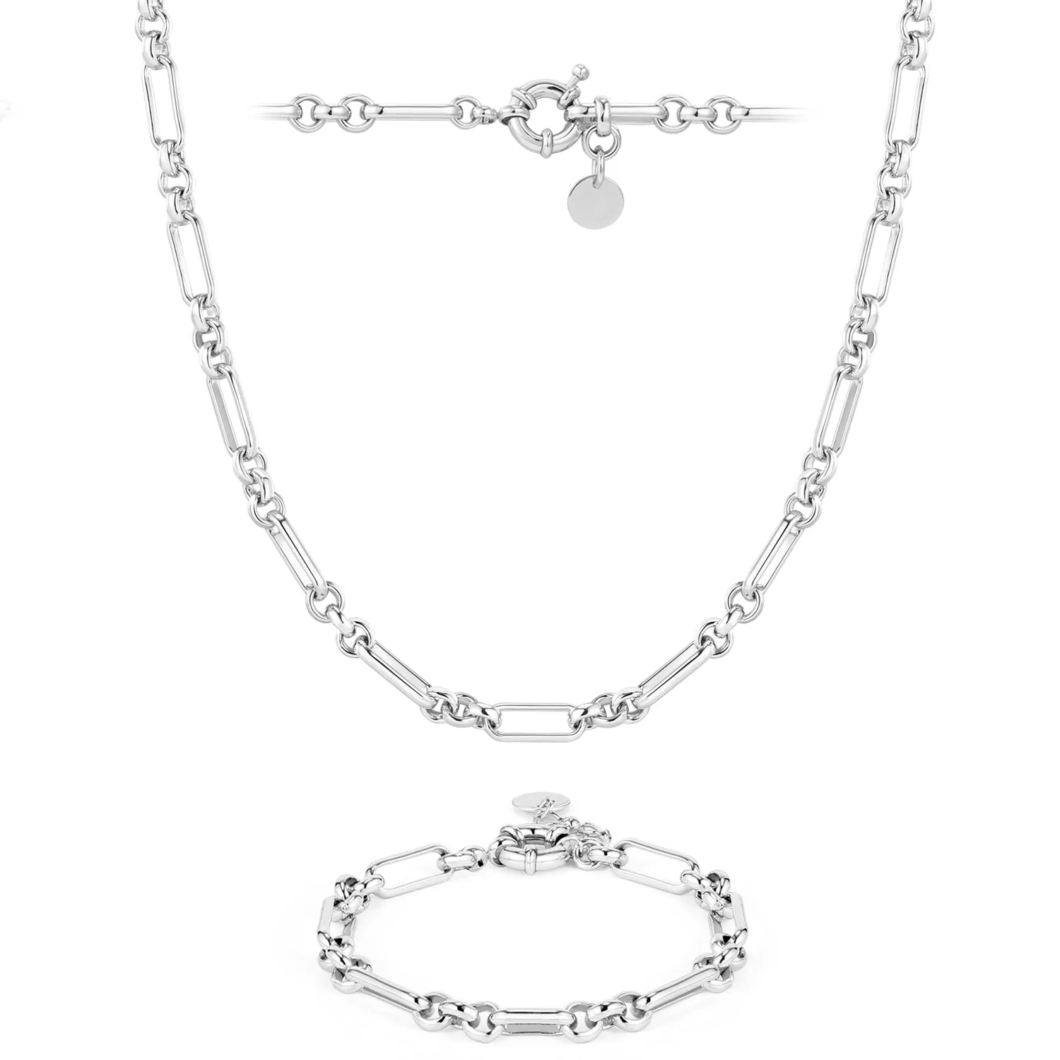 Silver Paperclip Chain Necklace & Bracelet Set