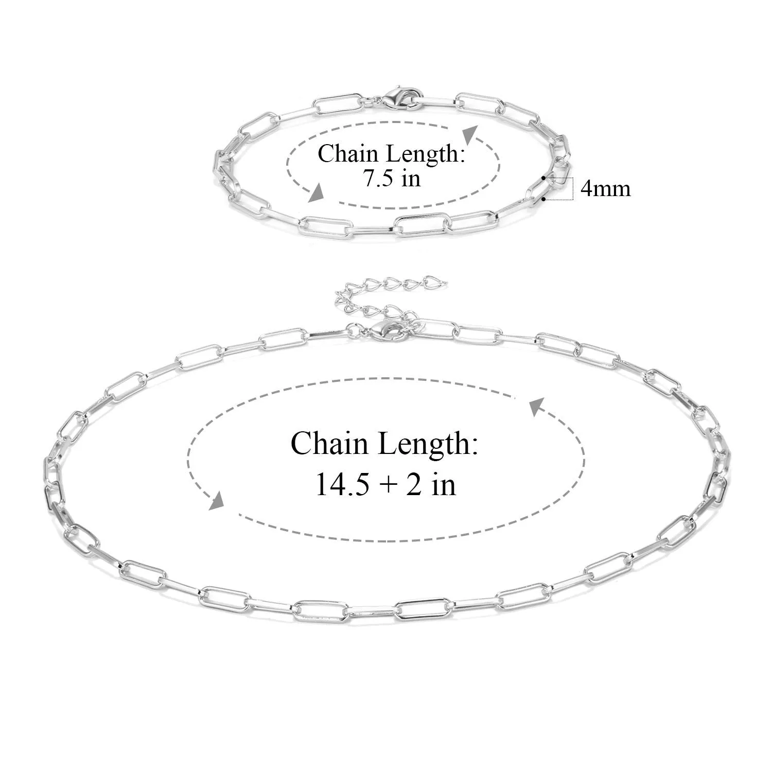 Silver Paperclip Chain Necklace & Bracelet Set