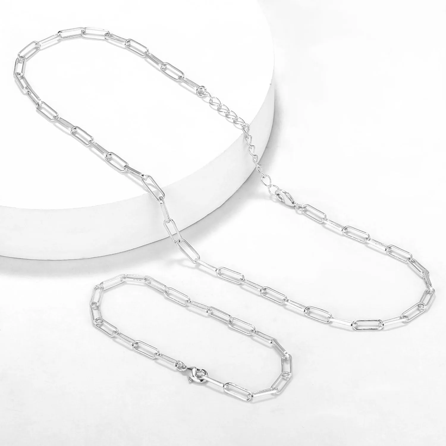 Silver Paperclip Chain Necklace & Bracelet Set