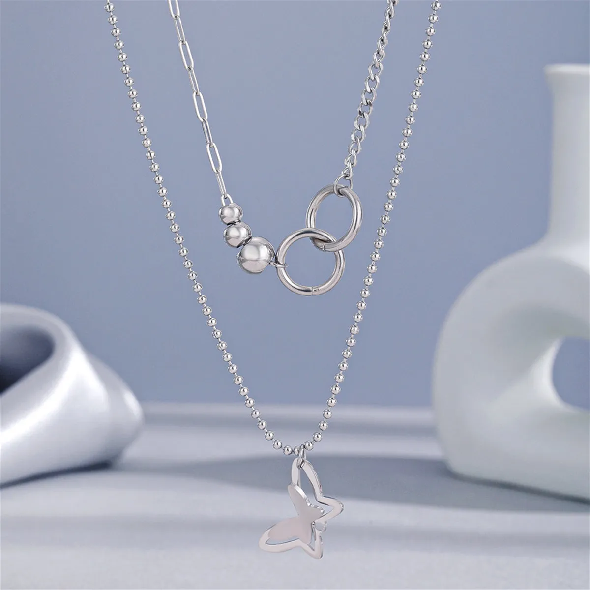 Silver-Plated Butterfly Layered Pendant Necklace