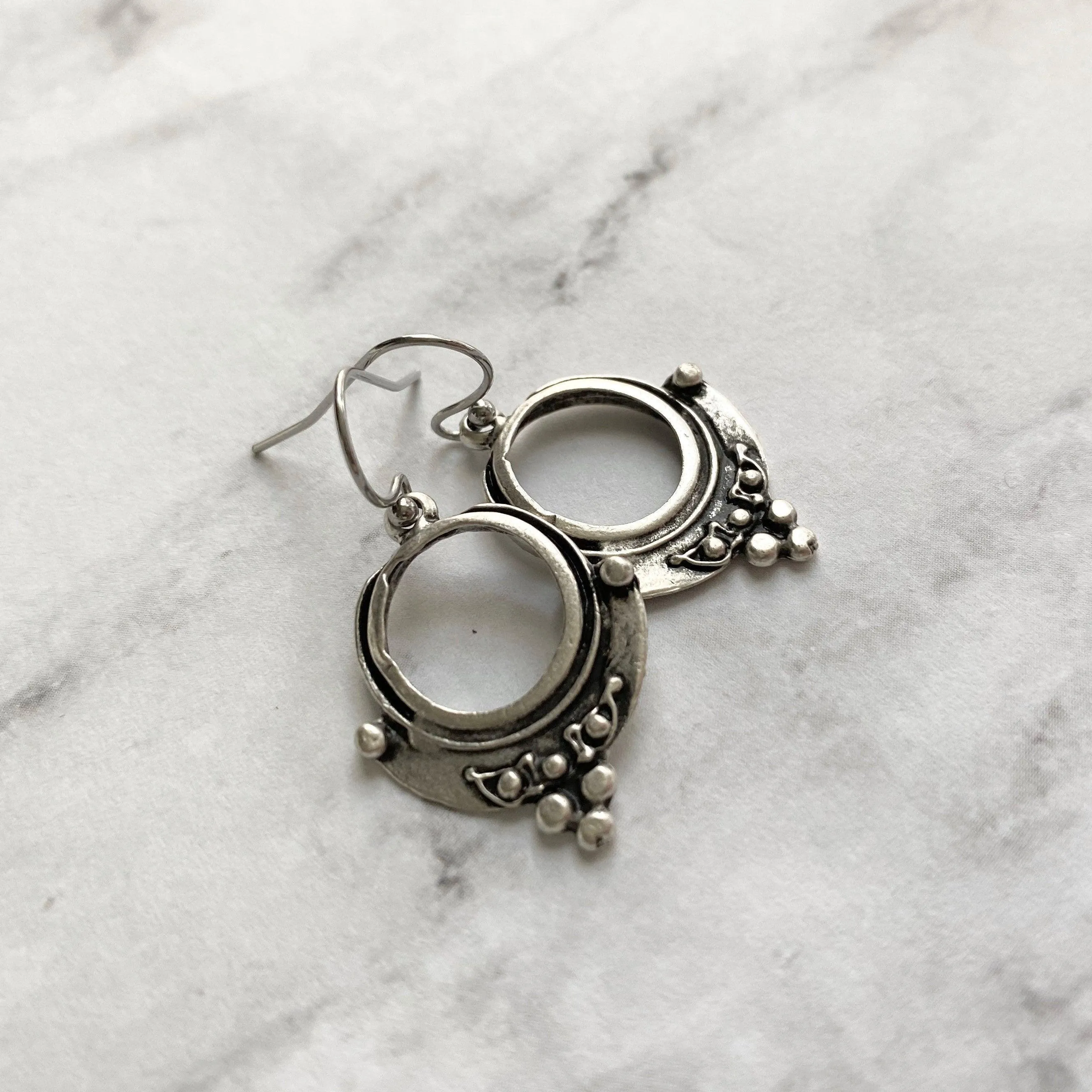 Small Silver Circle Earrings, silver hoop earring, antique silver circle earring, ball accent earring, oxidized silver earring little rustic