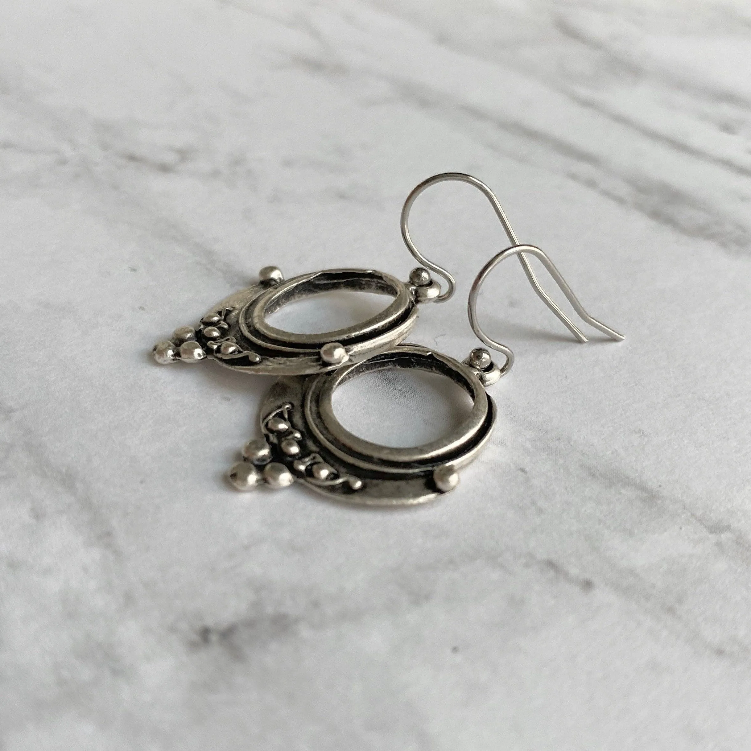 Small Silver Circle Earrings, silver hoop earring, antique silver circle earring, ball accent earring, oxidized silver earring little rustic