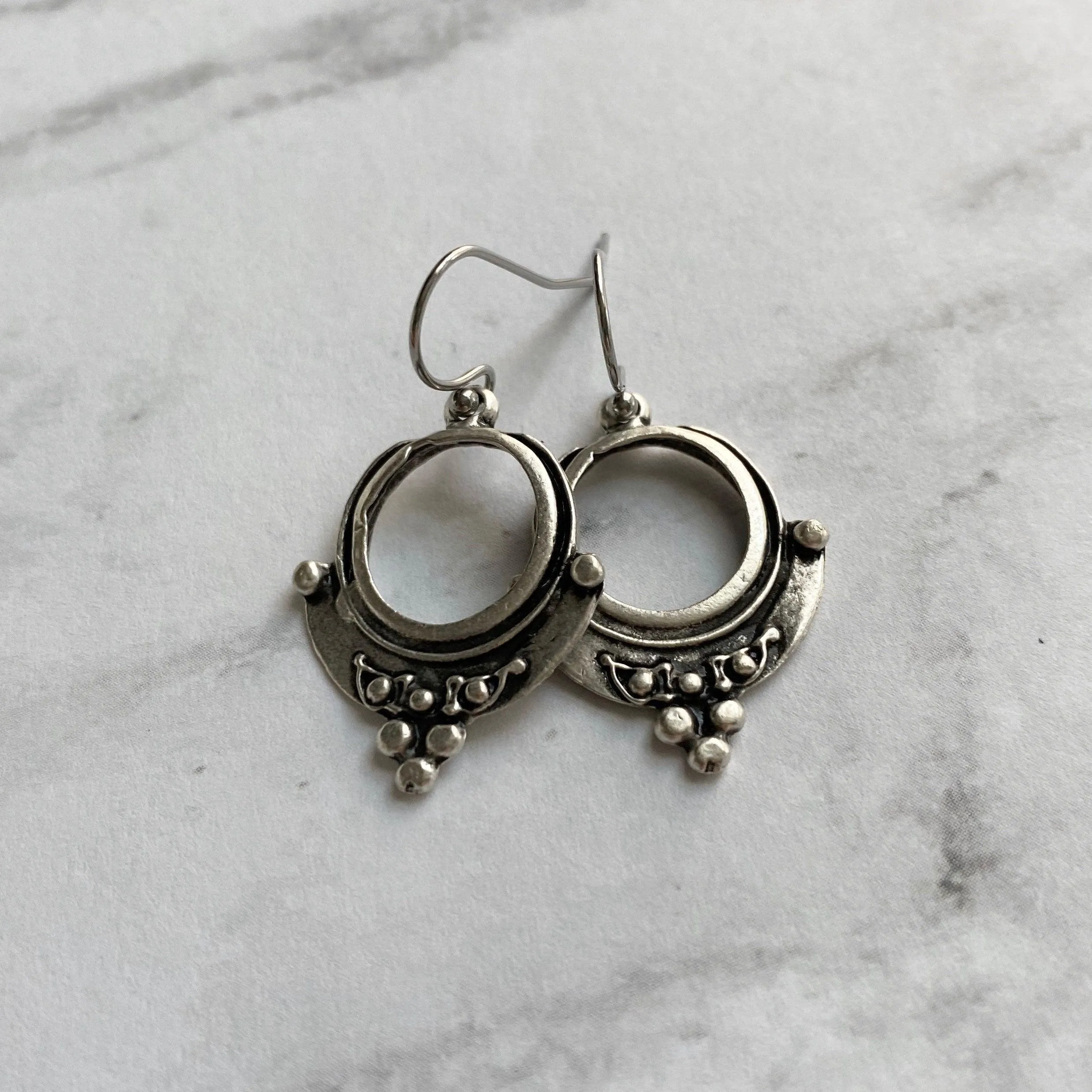 Small Silver Circle Earrings, silver hoop earring, antique silver circle earring, ball accent earring, oxidized silver earring little rustic