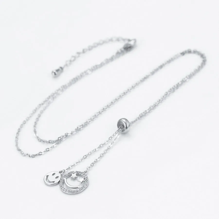 Smiley Face CZ Diamond Rhodium Plated Emoji Necklace
