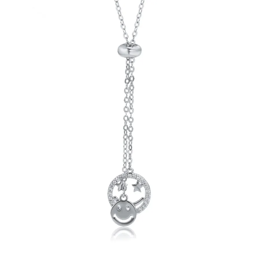 Smiley Face CZ Diamond Rhodium Plated Emoji Necklace