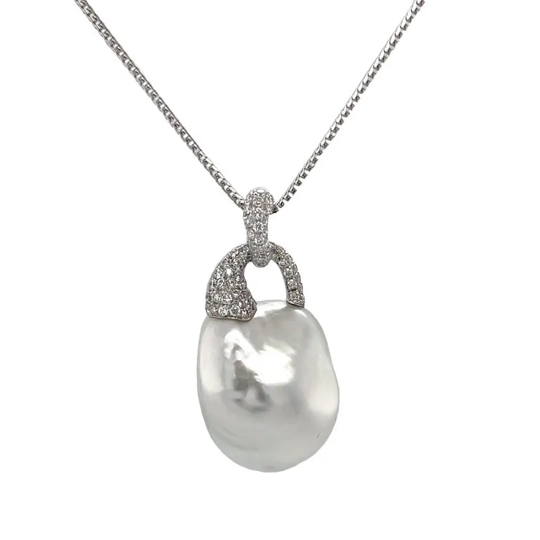 South Sea Pearl and Diamond Pendant Necklace in 18k White Gold
