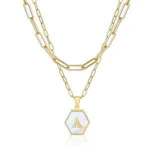 Stainless Steel Gold Plated Mother of Pearl Initial A - Z Layered Paper Clip Choker Necklace